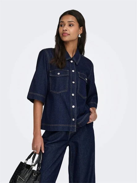 Only   ONLBELLE S/S SHIRT DNM GUA NOOS Kadın Mavi Gömlek - 15347084 ürün görseli 1
