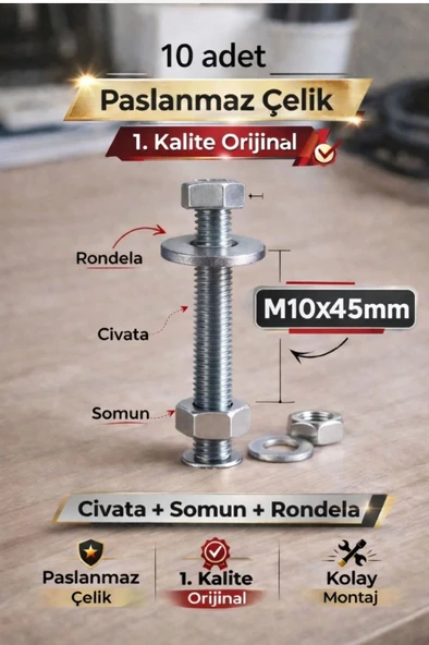 akatsuki Paslanmaz Çelik civata + Somun + Rondela Seti (M10x45mm) _ 10 Adet ürün görseli 1