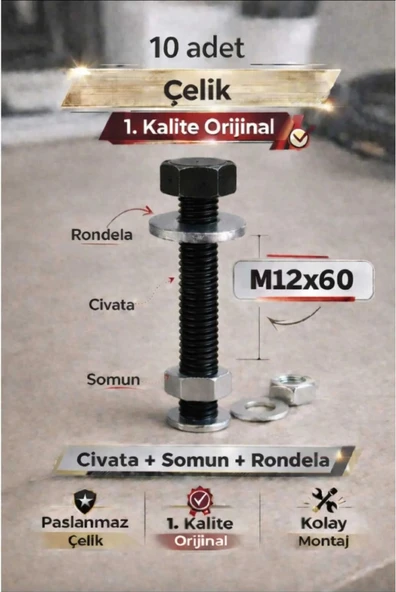 akatsuki Paslanmaz Çelik civata + Somun + Rondela Seti (M12x60mm) _ 10 Adet ürün görseli 1