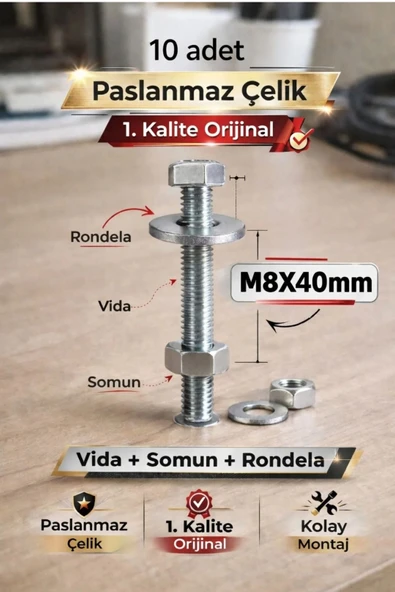 akatsuki Paslanmaz Çelik civata + Somun + Rondela Seti (M8x40mm) _ 10 Adet ürün görseli 1