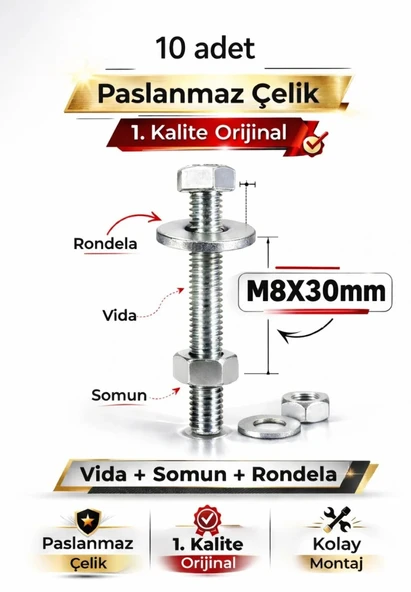 akatsuki Paslanmaz Çelik civata + Somun + Rondela Seti (M8x30mm) _ 10 Adet ürün görseli 1
