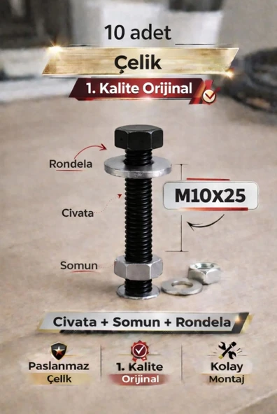 akatsuki Paslanmaz Çelik civata + Somun + Rondela Seti (M10x25mm) _ 10 Adet ürün görseli 1