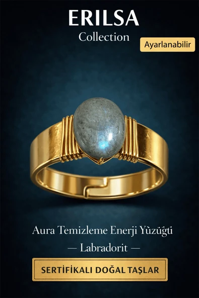 Sertifikalı Labradorit Doğal Taş Yüzük Ayarlanabilir Bakır Üzeri Altın Kaplama Aura Temizleme ürün görseli 1