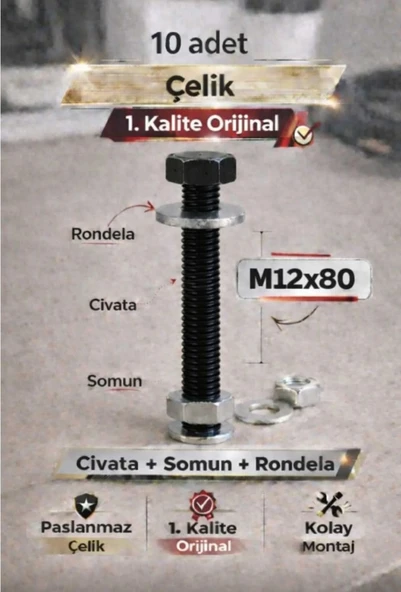 akatsuki Paslanmaz Çelik civata + Somun + Rondela Seti (M12x80mm) _ 10 Adet ürün görseli 1