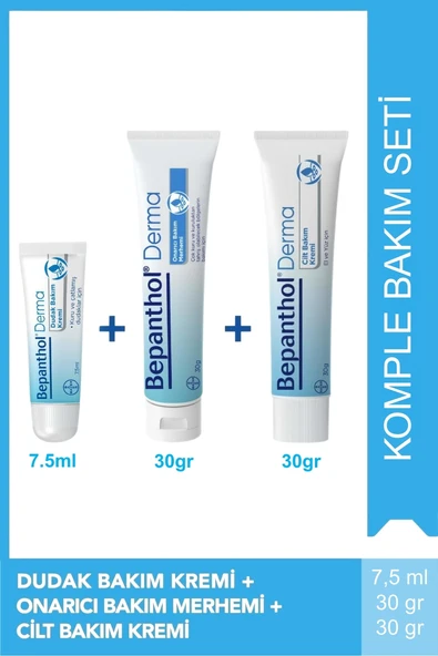 Bepanthol Derma Onarıcı Bakım Merhemi 30 gr + Derma Cilt Bakım Kremi 30 gr + Derma Dudak Bakım Kremi 7,5 ml ürün görseli 1