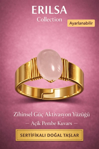 Sertifikalı Açık Pembe Kuvars Doğal Taş Yüzük Ayarlanabilir - Bakır Üzeri Altın Kaplama Aşk Taşı ürün görseli 1