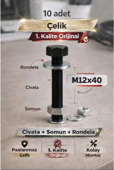 akatsuki Paslanmaz Çelik civata + Somun + Rondela Seti (M12x40mm) _ 10 Adet ürün görseli 1