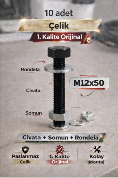 Akatsuki Paslanmaz Çelik civata + Somun + Rondela Seti (M12x50mm) _ 10 Adet ürün görseli 1