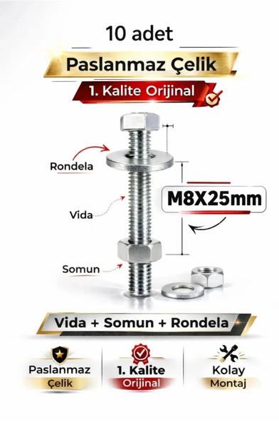 akatsuki Paslanmaz Çelik civata + Somun + Rondela Seti (M8x25mm) _ 10 Adet ürün görseli 1