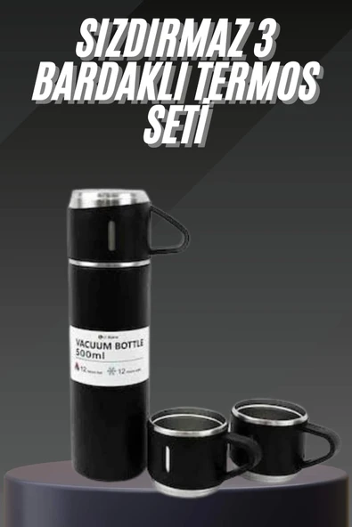 Termos Seti Paslanmaz Çelik 3 Bardaklı Vakumlu Termos Set 500 Ml 12 Saate Kadar Isı Koruma ürün görseli 1