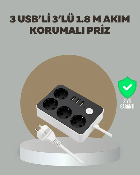4 Prizli 3 Usb Portlu Anahtarlı Akım Korumalı Priz ürün görseli 1