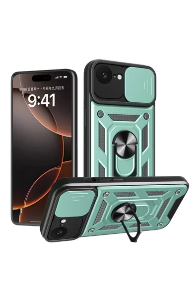 Newface Apple iPhone 16E Kılıf Pars Lens Yüzüklü Silikon - Yeşil ürün görseli 1