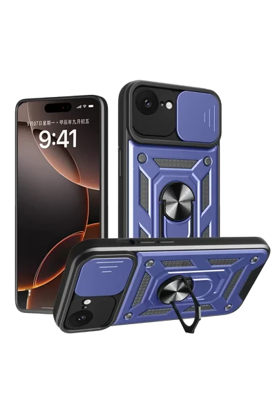 Newface Apple iPhone 16E Kılıf Pars Lens Yüzüklü Silikon - Lacivert ürün görseli 1