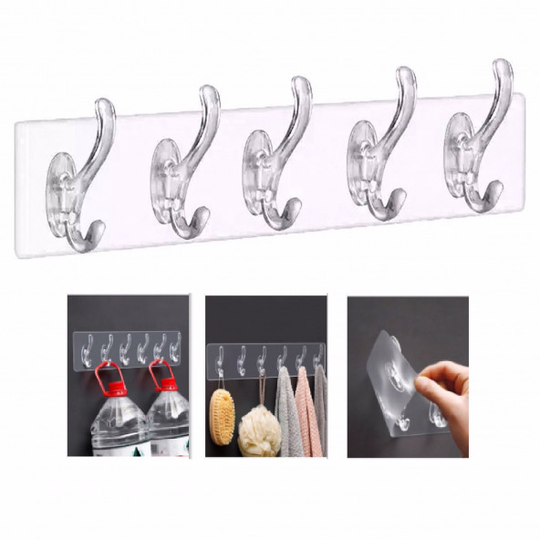 5 Li Yapışkanlı Şeffaf Duvar Askısı Banyo Mutfak Düzenleyici Askı Pratik Kanca Askılık ürün görseli 1