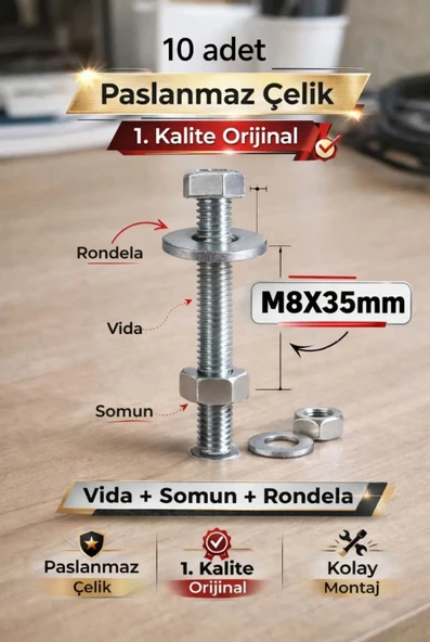akatsuki Paslanmaz Çelik civata + Somun + Rondela Seti (M8x35mm) _ 10 Adet ürün görseli 1