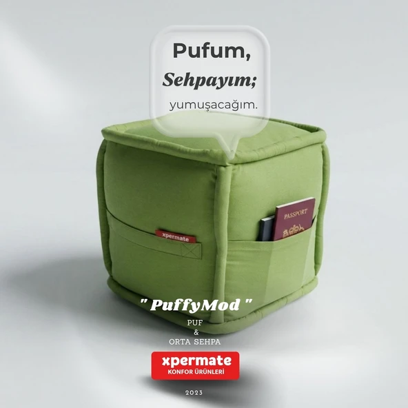 Dekoratif Kare Puf Orta Sehpa Ayak Uzatma Puf 40x40x42 Cm Yeşil Puffymod ürün görseli 1