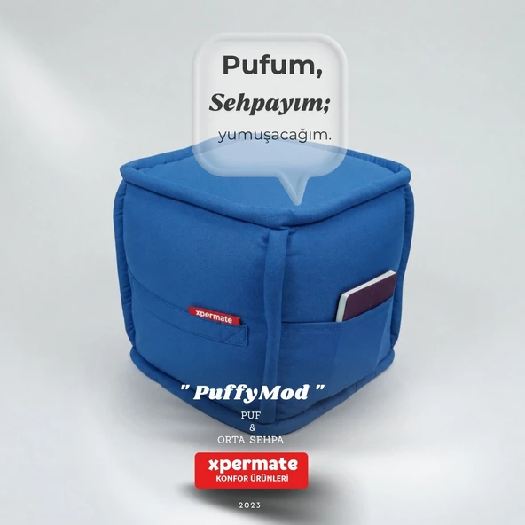 Dekoratif Kare Puf Orta Sehpa Ayak Uzatma Puf 40x40x42 Cm Mavi Puffymod ürün görseli 1