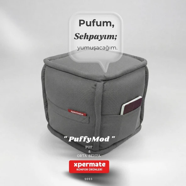 Dekoratif Kare Puf Orta Sehpa Ayak Uzatma Puf 40x40x42 Cm Gri Puffymod ürün görseli 1