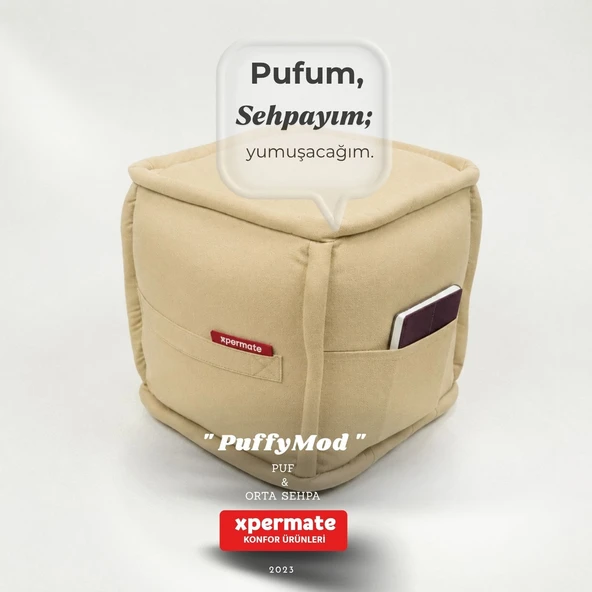 Dekoratif Kare Puf Orta Sehpa Ayak Uzatma Puf 40x40x42 Cm Bej  Puffymod ürün görseli 1