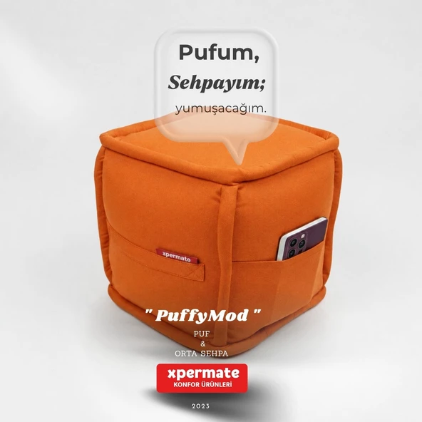Dekoratif Kare Puf Orta Sehpa Ayak Uzatma Puf 40x40x42 Cm Turuncu Puffymod ürün görseli 1