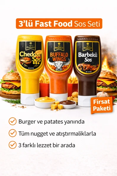Mr Gurme Fast Food Sos Seti 3’lü (Cheddar + Buffalo + Barbekü) ürün görseli 1