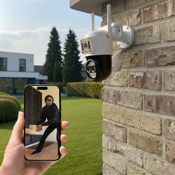 3 Kameralı Kablolu Akıllı Güvenlik Kamerası - 360° PTZ Hareketli, Çift Antenli, WiFi IP, Gece Görüşlü Dış Mekan Kamera (5250) ürün görseli 1