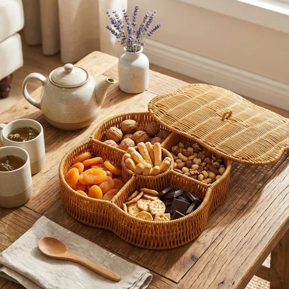 Kapaklı 5 Bölmeli Plastik Rattan Organizer Kutu - Hasır Desenli Çok Amaçlı Saklama ve Sunum Sepeti Çerezlik (5250) ürün görseli 1