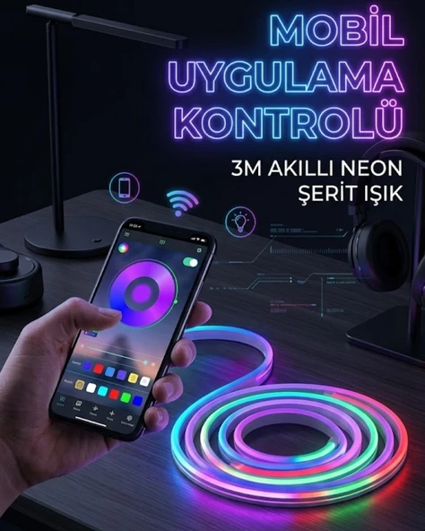 3 Metre Rgb Neon Led Şerit Işık Su Geçirmez Kumandalı Uygulama Kontrollü Dekoratif Aydınlatma ürün görseli 1