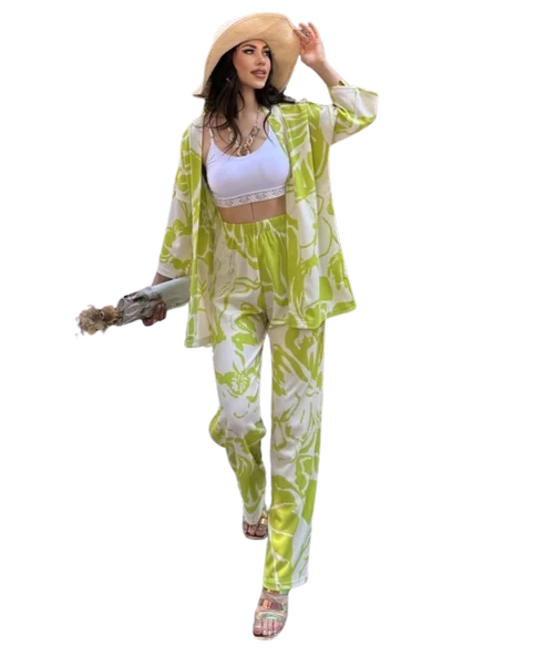 Alt Üst Takım Kimono- Desenli-Yeşil ürün görseli 1