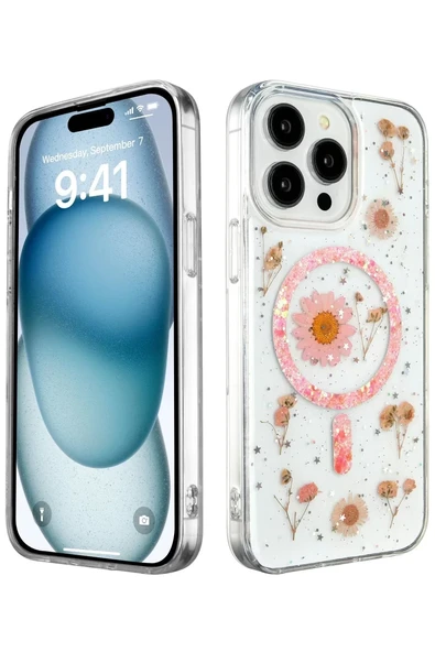 Newface Apple iPhone 15 Pro Max Kılıf Daisy Simli Magsafe Kapak - Pembe ürün görseli 1