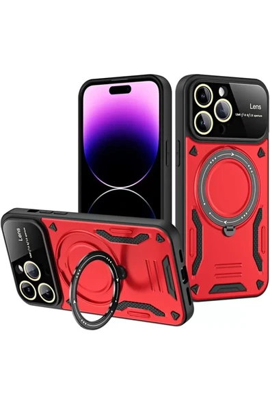 Newface Apple iPhone 16 Pro Max Kılıf Joy Lens Standlı Kapak - Kırmızı ürün görseli 1