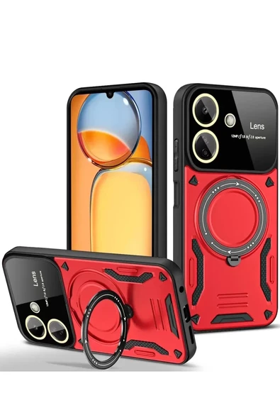 Newface Xiaomi Redmi 13C Kılıf Joy Lens Standlı Kapak - Kırmızı ürün görseli 1