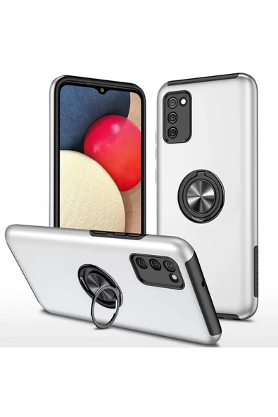Newface Samsung Galaxy A02S Kılıf Elit Yüzüklü Kapak - Gümüş ürün görseli 1