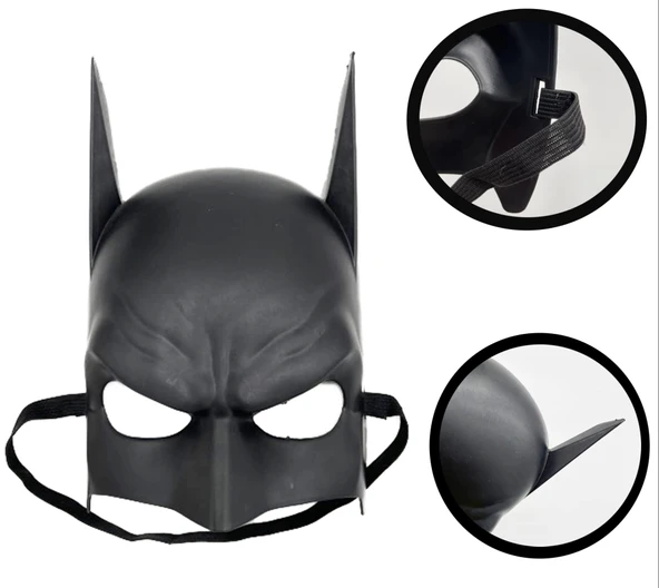 Siyah Renk Çocuk Boy Arkadan Lastikli Batman Maskesi A Kalite  20x14 Cm ürün görseli 1