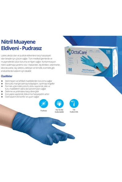 MEDİKALCİM OctaCare Nitril Pudrasız Muayene Eldiveni Mavi Medium Beden ürün görseli 1