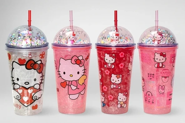 Sevimli Hello Kitty Işıklı Pipetli Boncuklu Suluk & Bardak 400 Ml Alk3145 ürün görseli 1