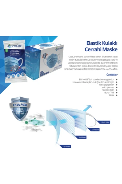 MEDİKALCİM OctaCare Elastik Kulaklı Cerrahi Maske 50 Adet ürün görseli 1
