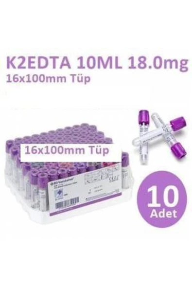 MEDİKALCİM 100 Adet Kan Alma Tüpü, Mor Kapak, K2E K2EDTA 10ml 18mg 16x100mm, Bd Vacutainer ürün görseli 1