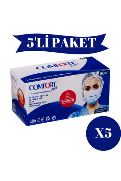Comfort Plus 3 Katlı Cerrahi Maske Full Ultrasonic Meltblown Filitreli Telli Maske (250 ADET) 5 Paket 50’li ürün görseli 1