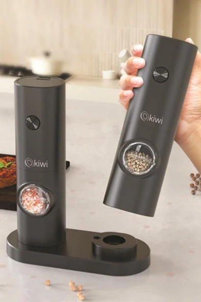 Kiwi Pilli Işıklı Tuz Karabiber Değirmeni Otomatik Baharat Öğütücü 2li Paket (SİYAH) ürün görseli 1