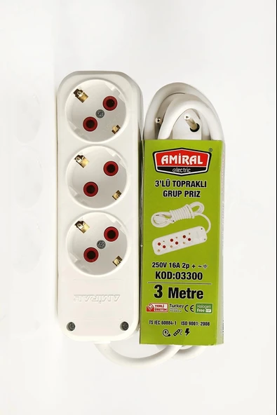 Amiral 3' Lü Topraklı 3 Metre Kablolu Grup Priz ürün görseli 1