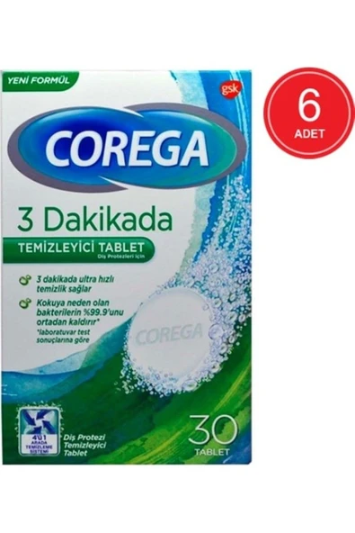 Corega 3 Dakikada  Protez Temizleyici Tablet 30'lu x 6 Paket ürün görseli 1