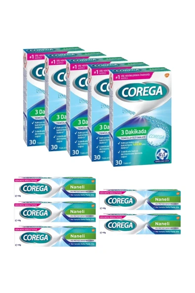 Corega x5 3 Dakikada Diş Protezi Temizleyici 30 Tablet + x5 Naneli Diş Protezi Yapıştırıcı 40 Gr ürün görseli 1