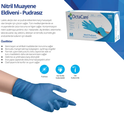 OctaCare Nitril Pudrasız Muayene Eldiveni Mavi Large Beden ürün görseli 1
