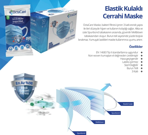 OctaCare Elastik Kulaklı Cerrahi Maske 50 Adet ürün görseli 1