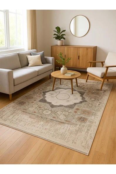 Turkrugs Memlük Krem Gri Vintage Desenli Halı Etnik Orta Motifli Eskitme Desen Bambu İplikli Özel Tezgah Halı ürün görseli 1