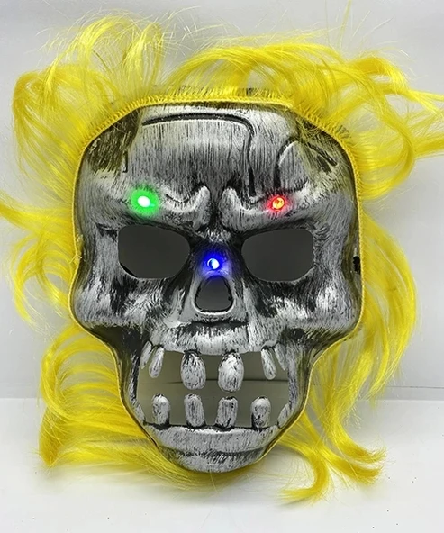 Sarı Saçlı Led Işıklı Kuru Kafa İskelet Korku Maskesi 22x25 Cm ürün görseli 1