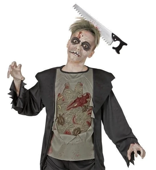 Kafaya Saplanmış Halloween Kanlı Testere Şaka Tacı - Resim 2