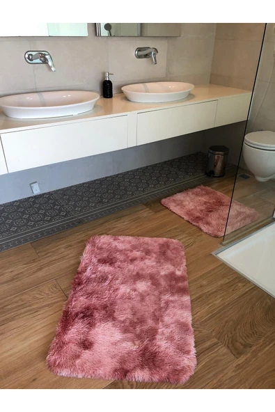 Turkrugs 2 Parçadan Oluşan (ebatlar ve )Serpme somon Renk Tavşan Tüylü Yumaşak Deri Banyo Halısı ürün görseli 1