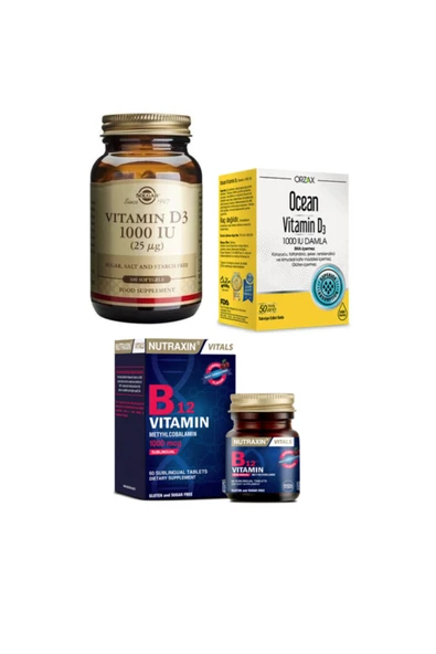 Solgar D3 Vitamini 100 Kapsül+ocean D3 Vitamini 1000 Iu Damla 50 Ml+nutraxin B12 Vitamini 60 Dilaltı Tablet ürün görseli 1